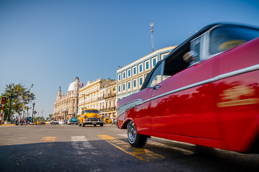 Retro car as taxi for tourists in Havana, Cuba. Captured near Gran Teatro de La Habana, El Capitolio and Paseo del Prado in spring 2019