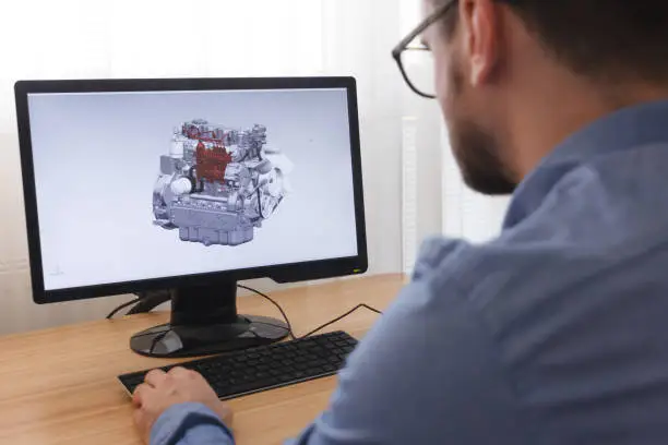 Photo of Engineer, Constructor, Designer in Glasses Working on a Personal Computer. He is Creating, Designing a New 3D Model of Car Engine, Motor in CAD Program. Freelance Work