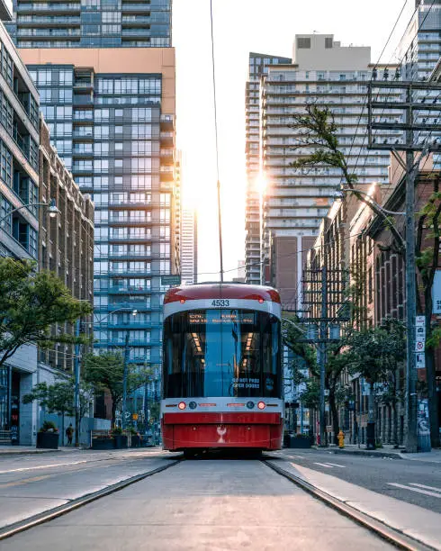 Street car during sunset in toeonto