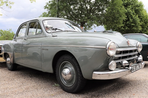 Renault Fregate car of the year 1955 - color grey - classic car -  3 rd meeting of old vehicles - Village of Saint Agnin sur Bion - Isère - July 28, 2019  - Front of the vehicle