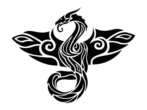 Black and white tattoo art with flying dragon Beautiful isolated black and white tattoo art with flying dragon dragon tattoos stock illustrations