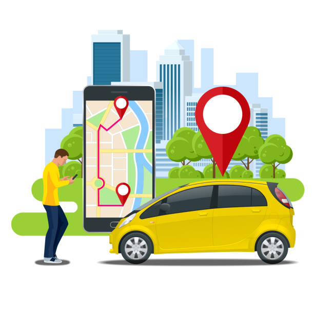 Man holding a smartphone renting a car online with city map on screen. Car sharing service. Man holding a smartphone renting a car online with city map on screen. Car sharing service uber driver stock illustrations