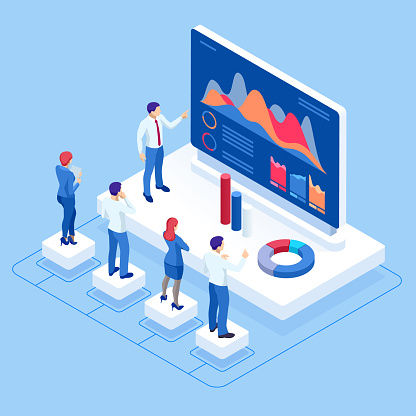 Isometric concept of business analysis, analytics, research, strategy statistic, planning, marketing, study of performance indicators. Investment in securities, smart investment, strategic management.