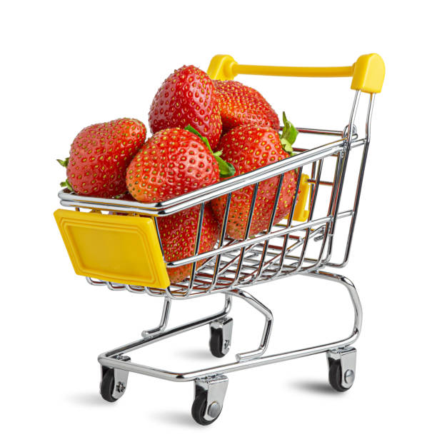 Fresh tasty strawberry in the shopping cart. stock photo