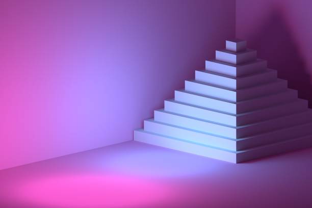 istock Pyramid with multiple steps in a pink blue room 1165818660