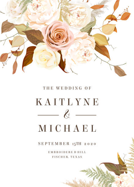 Moody boho chic vector design wedding frame Moody boho chic vector design wedding frame. Warm fall and winter tones. Rose flowers, peony, ranunculus, pampas grass,fern.Floral pastel watercolor style border.All elements are isolated and editable rust colored stock illustrations