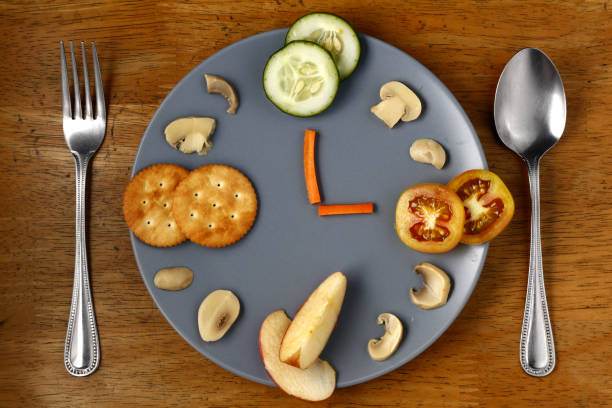 istock Different healthy foods arranged like a clock on a plate. 1165837605