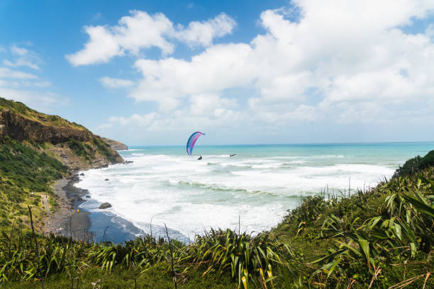 parapente. vista espectacular da praia de muriwai, área de auckland, console norte de nova zelândia.  muriwai é uma área recreativa popular para ao. parapente, esporte, férias, atividade de lazer, viagens - murawai beach - fotografias e filmes do acervo