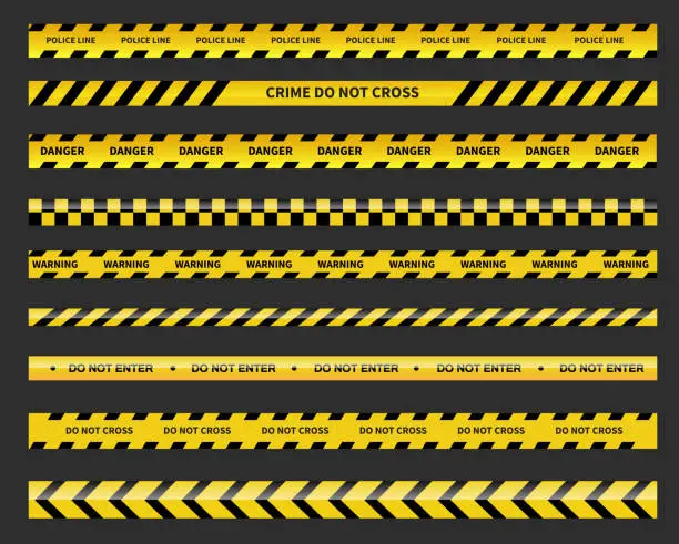 Vector illustration of Caution and danger tapes. Warning tape. Black and yellow line striped. Police line isoleted. Vector illustration