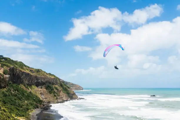 Photo of Paragliding. Spectacular View of Muriwai Beach, Auckland Area, North Island of New Zealand.  Muriwai is  a Popular Recreational area for Aucklanders. Paragliding, Sport, Vacation, Leisure Activity, Travel