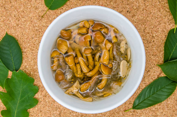 pickled mushrooms in a deep plate against a brown background and leaves