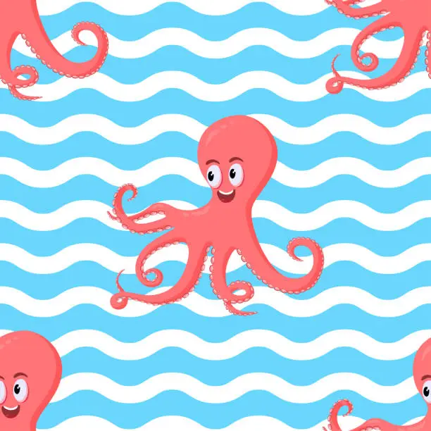 Vector illustration of Seamless pattern with cute smiling coral octopus on wave ocean blue background.