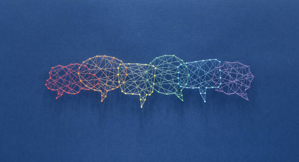 Social communication concept Social media concept. Network of pins and threads in the shape of many interconecting speech bubbles symbolising social dialog. thread sewing item photos stock pictures, royalty-free photos & images