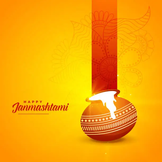 Vector illustration of hindu festival of janmashtami with matki kalash background