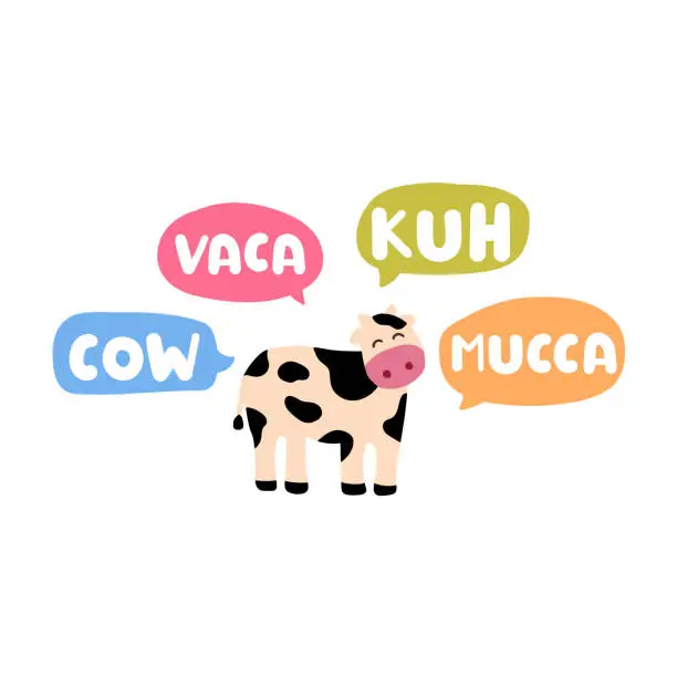 Vector illustration of Cow, vaca, kuh, mucca. Translation concept.