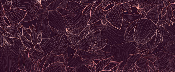 illustrazioni stock, clip art, cartoni animati e icone di tendenza di set di sfondo vettoriale con solhouette oro rosa disegnano a mano solhouettes di fiori di loto e foglie. - backgrounds ornate abstract old fashioned