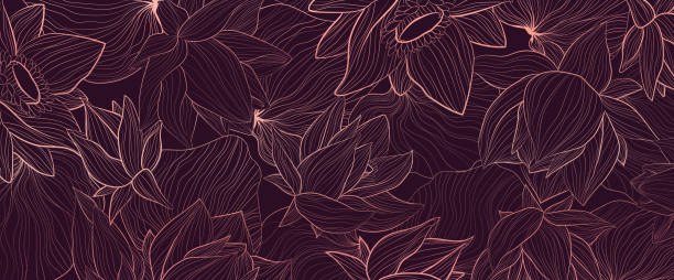 연꽃과 잎의 핑크 골드 솔호에트를 손으로 그린 벡터 배경 세트. - flowers pattern stock illustrations