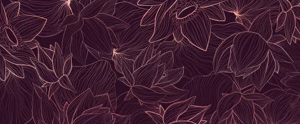 Vector illustration of Set of vector background with hand draw pink gold solhouettes of lotus flower and leaves.