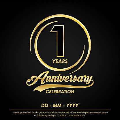 1st years anniversary celebration emblem. anniversary logo with elegance of golden ring on black background, vector illustration template design for celebration greeting card and invitation card