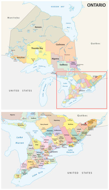 ilustrações, clipart, desenhos animados e ícones de mapa administrativo e político de ontário, canadá - ontário