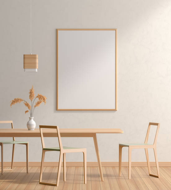 istock Mock up poster frame in spacious modern dining room with wooden chairs and table.  Minimalist dining room design. 3D illustration. 1165870871