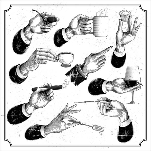 Restaurant menu hands set Engraved hand signs with food, smoke and drinks eps9 cup of tea hands stock illustrations