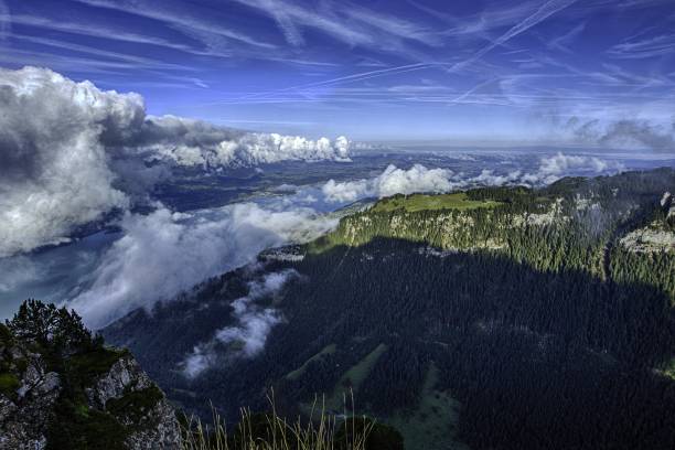 vista do lago thun e dos alpes de bernese que incluem os picos de jungfrau, de eiger e de monch da parte superior de niederhorn no verão, cantão de berna, switzerland, papel de parede, destino popular do curso mt niederhorn - thun aerial view switzerland tree - fotografias e filmes do acervo