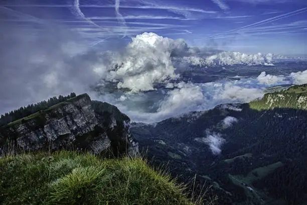 View of Lake Thun and Bernese Alps including Jungfrau, Eiger and Monch peaks from the top of Niederhorn in summer, Canton of Bern, Switzerland, wallpaper, Popular travel destination Mt Niederhorn