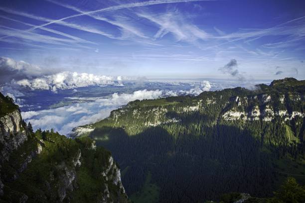 vista do lago thun e dos alpes de bernese que incluem os picos de jungfrau, de eiger e de monch da parte superior de niederhorn no verão, cantão de berna, switzerland, papel de parede, destino popular do curso mt niederhorn - thun aerial view switzerland tree - fotografias e filmes do acervo