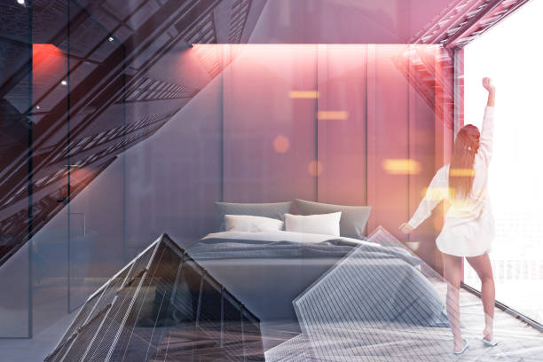 istock Woman in red bedroom interior 1165873554