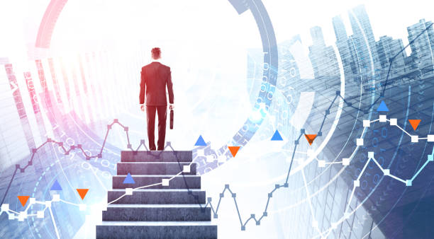 istock Man with briefcase on stairs, graphs and HUD 1165873557