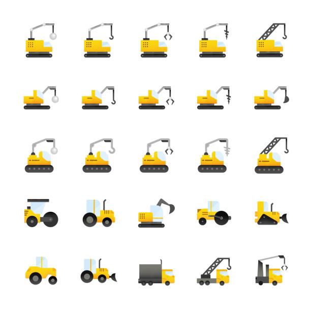 illustrazioni stock, clip art, cartoni animati e icone di tendenza di set di icone delle attrezzature da costruzione - earth mover bulldozer construction scoop