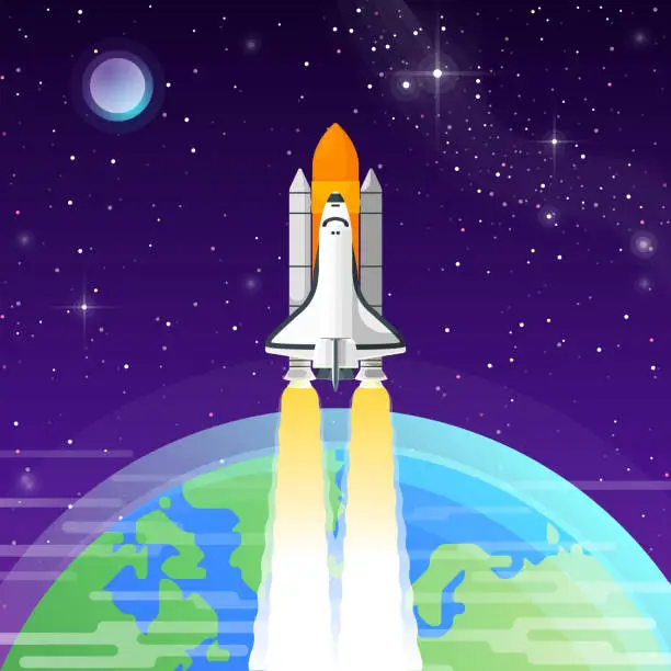 Vector illustration of Space shuttle goes into outer space.