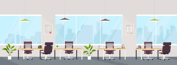 büro-interieur moderner kreativraum mit leeren arbeitsplätzen. büroraum mit panoramafenstern, co-working center. - büro stock-grafiken, -clipart, -cartoons und -symbole