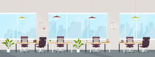 Vector illustration of Office interior modern creative space with empty workplaces. Office space with panoramic windows, co-working center.