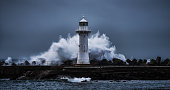 Wollongong Breakwater Lighthouse during a heavy storm