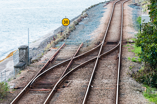Points at a dual railway track where it merges to a single track.