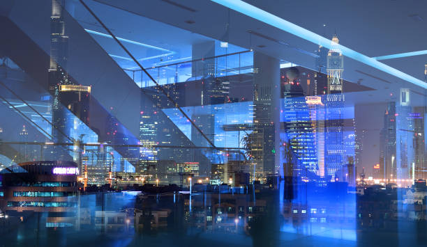 Empty shopping center or building entrance, Dubai cityscape reflection