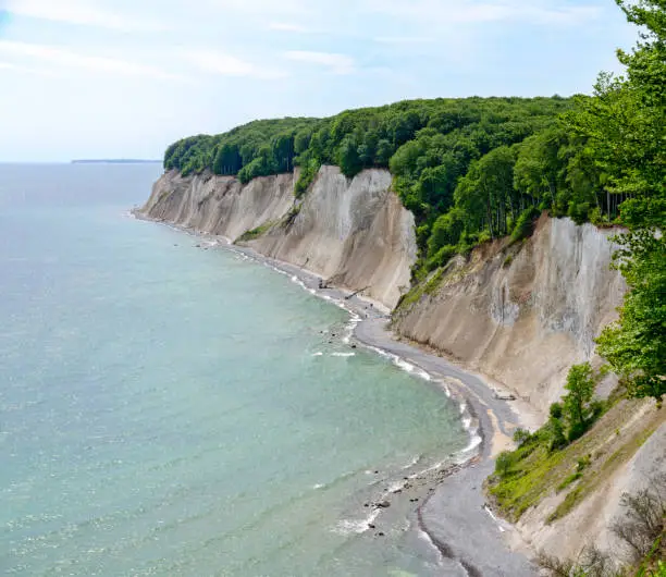 view across the cliffs at the chalk coast of Ruegen and the Baltic sea until the horizon, Germany