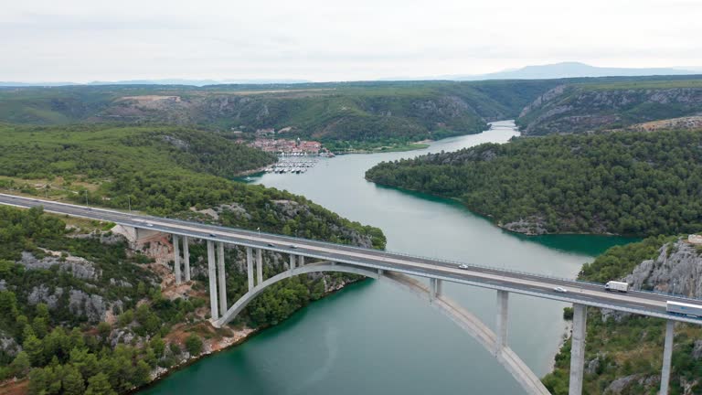 aerial drone footage of bridge over the river in Croatia