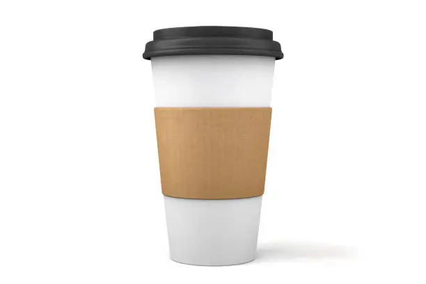 A 3D paper to go coffee cup and plastic lid isolated on a white background with clipping path.