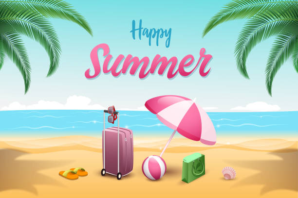 istock Summer vacation flat vector banner template. Tourists luggage with umbrella, ball, flip flops on sandy coast. Empty beach with palm trees and blue sea waves travel agency promo poster design layout 1165893876