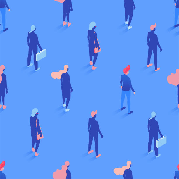 istock Office workers, managers isometric seamless pattern. Male and female employees with briefcases, businessman and businesswomen on blue background. Corporate workers backdrop, wrapping paper 1165893923