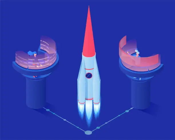 Vector illustration of Space rocket launch vector isometric illustration. Space station workers, engineers monitoring 3d shuttle liftoff. Research center experts, navigation operators working at futuristic AR screens