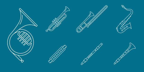 ilustrações, clipart, desenhos animados e ícones de os ícones dos instrumentos de música ajustaram 05 - bugle trumpet jazz music