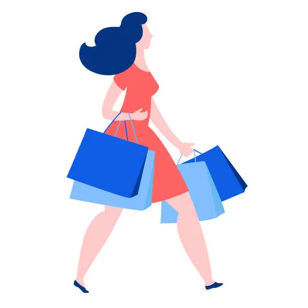 Vector illustration of Woman walking with purchase buy paper bags . Summer sale discount black friday start .