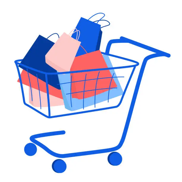 Vector illustration of Trolley with purchase buy paper bags . Summer sale discount black friday start .