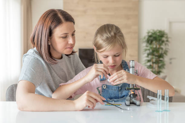 istock Mother and young daughter doing some experiments with microscope at home 1165896196