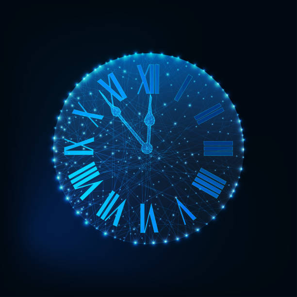 istock Happy New Year greeting card with glowing low poly roman numeral clock on dark blue background. 1165900336