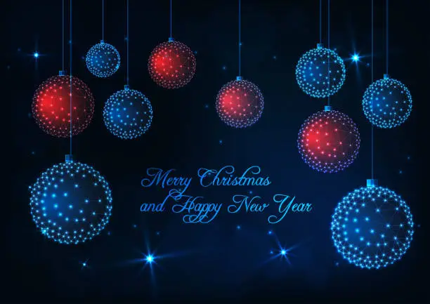 Vector illustration of Merry Christmas and Happy New Year card with glow low poly red and blue decorative balls